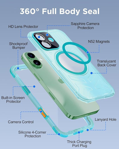 for iPhone 17 Waterproof Case with Magsafe, Built-in [Camera & Screen Protector] [Lanyard], IP68 Water Proof Full Body Dustproof Heavy Duty Frosted Protective Phone Cover, 6.1" Teal