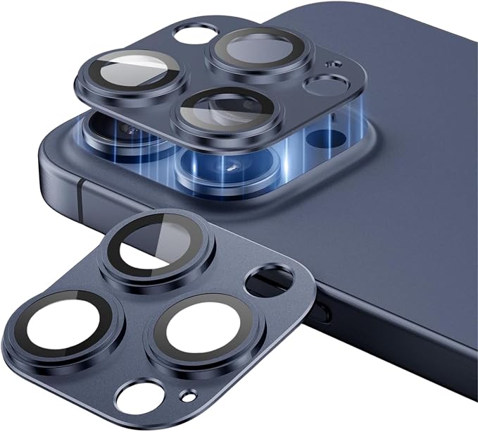 Camera Lens Protector for iPhone 14/15/16 Pro & Pro Max, Tempered Glass with Metal Alloy Frame, for iphone 15 pro max camera lens protector, Titanium Blue