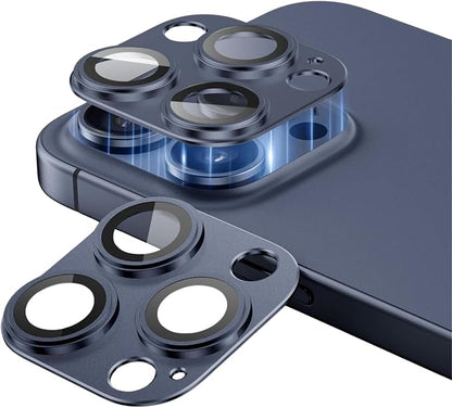 Camera Lens Protector for iPhone 14/15/16 Pro & Pro Max, Tempered Glass with Metal Alloy Frame, for iphone 15 pro max camera lens protector, Titanium Blue