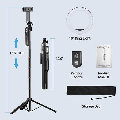 70.9" Auto Face Tracking Tripod with 360 Rotation & 10" Ring Light, Phone Tripod & Selfie Stick with Remote for Cell Phone 4"-7", Motion Sensor for Live Stream Vlog Video Recording
