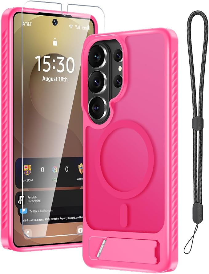 RMOCR for Samsung Galaxy S26 Ultra Case with Screen Protector+Lanyard Wrist Strap,Magnetic Translucent Matte Rugged Slim Phone Cover Built in Invisible Kickstand [Fit for MagSafe],2026 Hot Pink