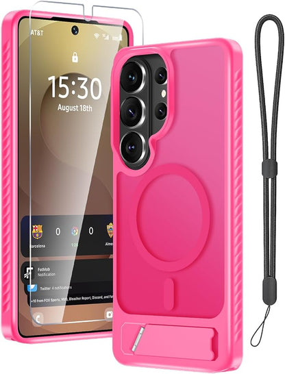 RMOCR for Samsung Galaxy S26 Ultra Case with Screen Protector+Lanyard Wrist Strap,Magnetic Translucent Matte Rugged Slim Phone Cover Built in Invisible Kickstand [Fit for MagSafe],2026 Hot Pink