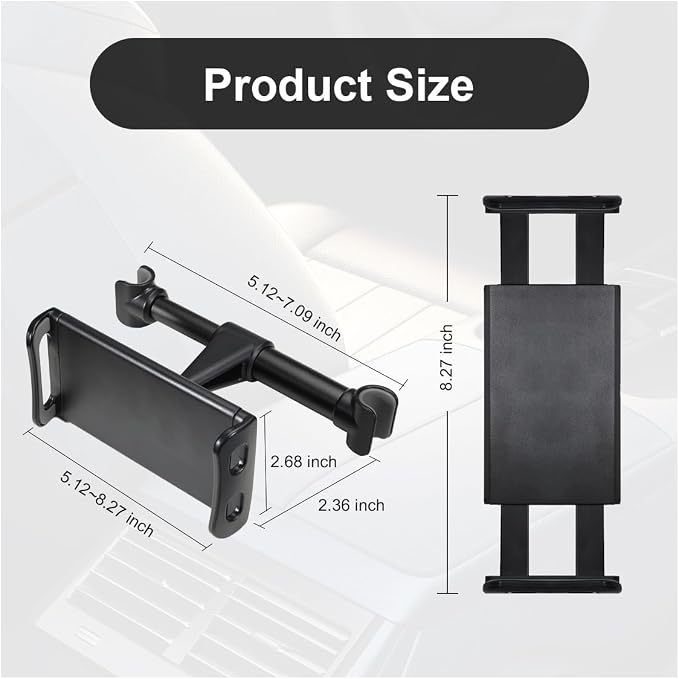Car Headrest Mount, Adjustable 360 Rotating Tablet Holder for 5.3"-10.2" Devices, Universal Car Backseat Phone Mount for Kids, Fit for iPhone Pro Max, Galaxy Tabs (Black)