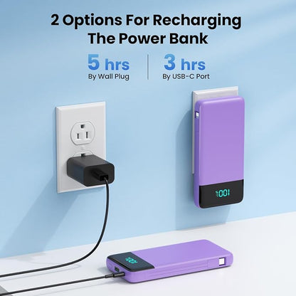 Portable Charger for iPhone,13800mAh Slim Power Bank with Built-in Cables & AC Wall Plug,All in One 4 Outputs USB C Fast Charging Battery Pack Travel Essential for iPhone 17/16/15/14,Android (Purple)