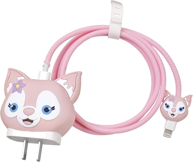 3D Cute Wall Charger Protector Case - Compatible for Apple 20W USB-C Power Adapter and Lightning Cable (Pink Lina)