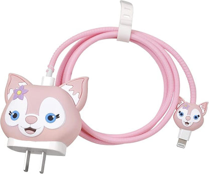 3D Cute Wall Charger Protector Case - Compatible for Apple 20W USB-C Power Adapter and Lightning Cable (Pink Lina)