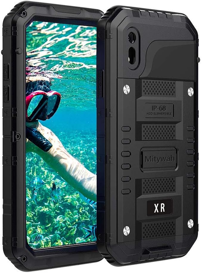 Mitywah Waterproof Case for iPhone XR, Heavy Duty Military Grade Shockproof Case with Built-in Screen Protector, Full Body Underwater Protective Metal Case 6.1 inch, Black
