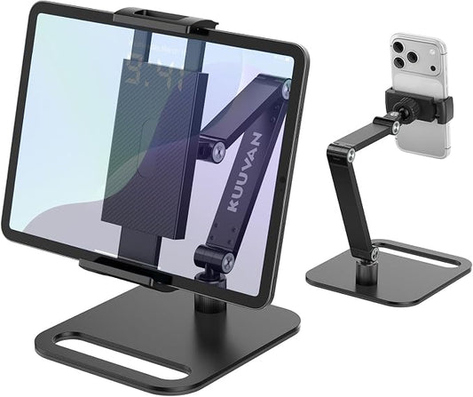 Tablet Stand Holder for iPad, Portable Monitor Stand Holder 15.6'',16'', Aluminum Alloy Foldable Arm Mount with 360° Swivel Desk Mount Compatible with 4.7-16inch Tablet, Cell Phone (Black)