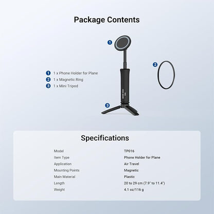 NEEWER Airplane Phone Holder, Magnetic Smartphone Desk Mount Tripod Stand Handheld Selfie Stick Plane Gadget Travel Essentials Compatible with MagSafe iPhone Samsung Android for Video Recording, TP016