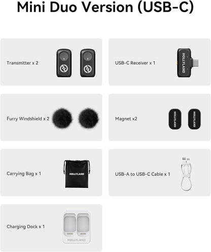 Hollyland Lark A1 Wireless Microphone for iPhone & Android, 48kHz/24-bit Studio Audio, 3-Level Noise Cancellation, 200m Range, Magnetic Mini Mic for Video Recording & Live Streaming (2TX + USB-C RX)