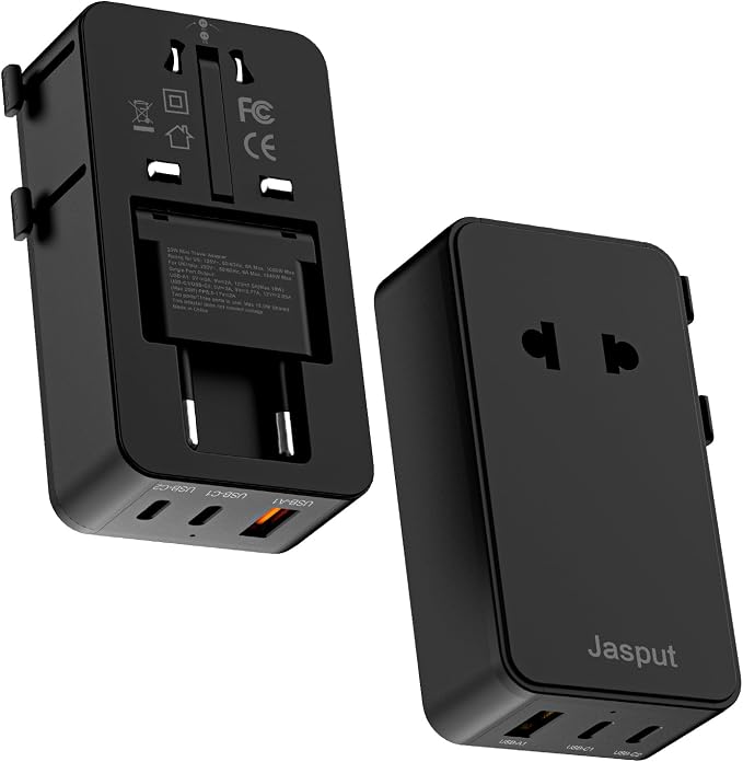 Jasput 25W Universal Travel Adapter, Ultra-Slim Mini Adapter with 2 USB-C & 1 USB-A, Fast Charging for Smartphones, Tablets, and Laptops, Compatible with US, UK, EU, AU, Asia, Perfect for Travel
