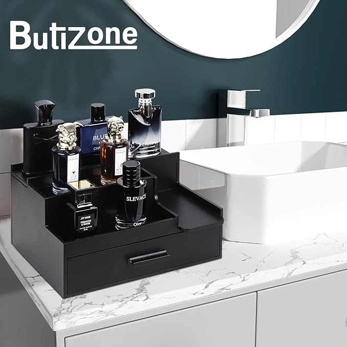 Butizone Cologne Organizer for Men, 3 Tier Perfume Stand Holder with Drawer and Hidden Compartment, Cologne Display Shelf for Dresser, Great Gift for Man/Father, Black