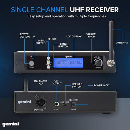 Gemini Sound UHF-6100M Wireless Mic System – UHF Receiver with 256 Selectable Frequencies, Handheld Mic, 240ft Range, LCD Display, Clear Audio for Performers, Churches, Weddings & Events