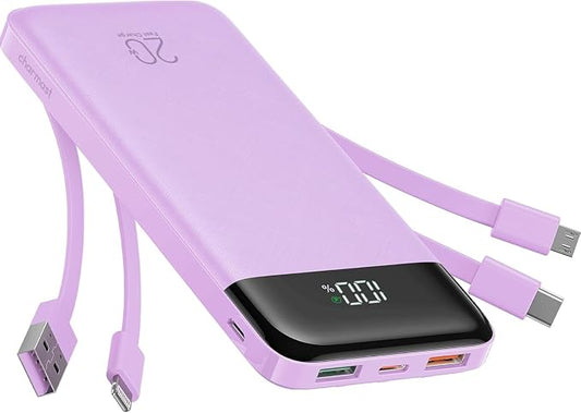 charmast 20000mAh Portable Charger with Built in Cables, 22.5W Travel Power Bank Fast Charging, USB C Cell Phone Battery Pack for iPhone 16/15/14/13/12/11 Series, iPad, Samsung, Android, Tablet