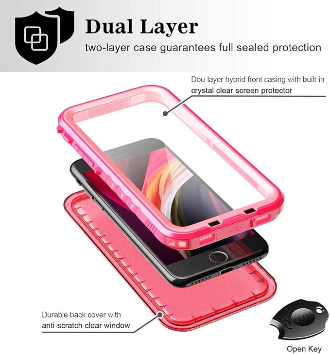 SPORTLINK Waterproof Case for iPhone SE 3rd 2022/iPhone SE 2nd 2020/iPhone 7/8 - Full Body Shockproof Dustproof Phone Screen Protector Rugged Waterproof Case for iPhone SE3/SE2/7/8 (Pink)