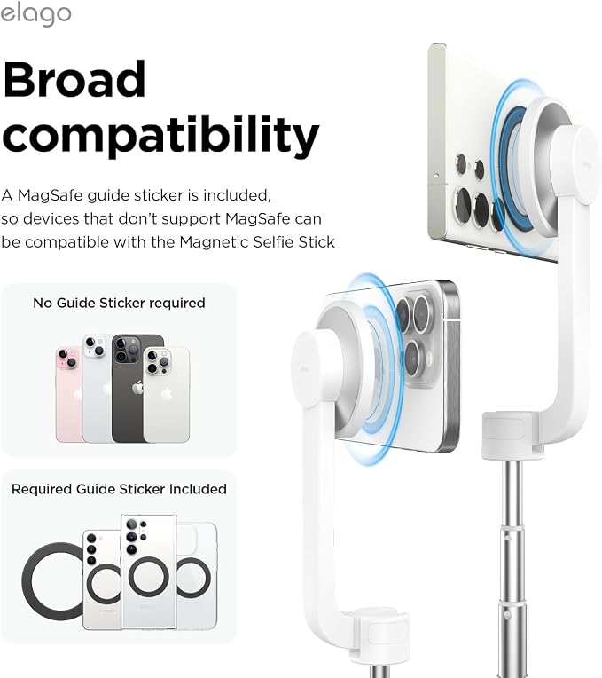 elago Magnetic Selfie Stick Tripod Compatible with MagSafe for iPhone and Galaxy, Strong Magnetism, Portable, Lightweight, Extendable [Pouch, Bluetooth Remote, Guide Sticker Included] [White]