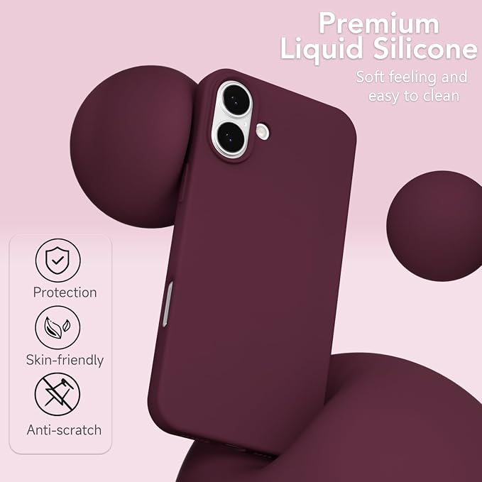 for iPhone 16 Plus Case Silicone Compatible with Magsafe Case, Ultra Slim Thin Magnetic Phone Cases Mag Safe, Cute Soft Rubber Gel Matte Plain Wireless Charging Cover for Women, Burgundy Maroon