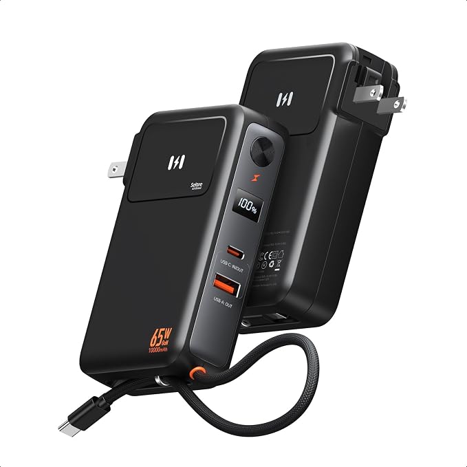 Selore&S-Global 3-in-1 Portable Phone Charger with Wall Plug, 10000mAh USB-C Power Bank with Built in Cable, 35W Portable Battery Pack for iPhone Samsung Android & 65W Wall Charger for Laptop MacBook