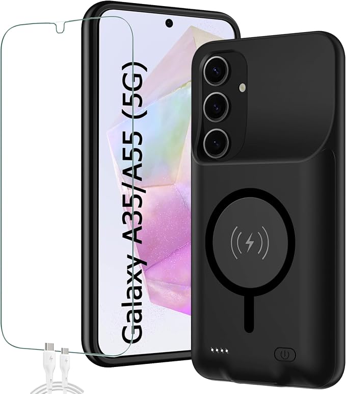 Battery Case for Galaxy A55/A35,Full Encircle[12000mAh]High Capacity Rechargeable Portable Charger Case Extended Battery Pack for Galaxy A55/A35(6.6inch)Wireless Charging Case with Carplay-Black