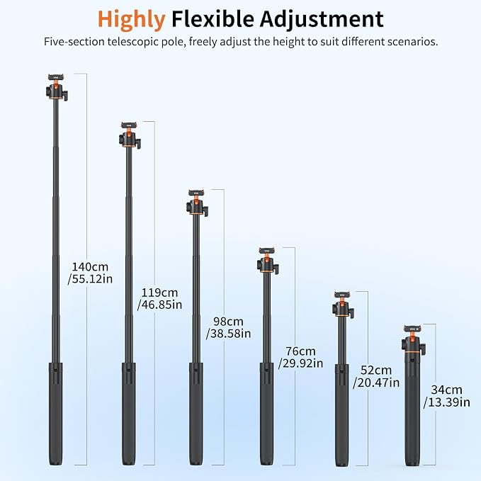 VRIG 55" Action Camera Selfie Stick Tripod for DJI Osmo Action 6/ Osmo Nano, Dual-Direction Magnetic Quick Release Adapter, 360° Ball Head & Cold Shoe Mount, 13 to 55 inches Extendable Rod, AC-71