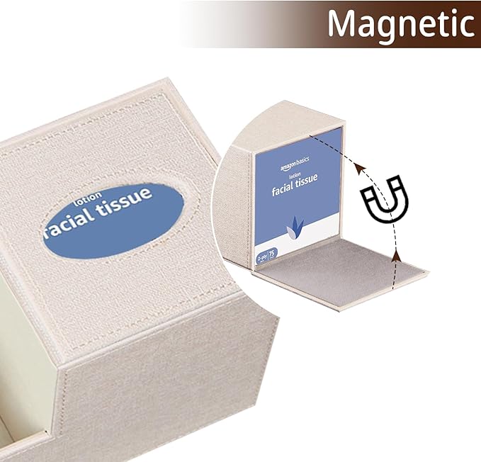 PU Leather Square Tissue Box Cover - Multi-Functional Tissue Box Holder, Tissue Box Cover with Storage,Tissue and Remote Control Holder, Cube Tissue Box Organizer Bedroom Nightstand End Table