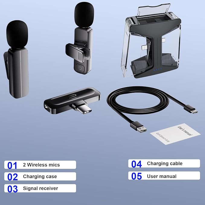 2-Pack Wireless Mini Lavalier Lapel Microphone for iPhone 15,16,Android Phone w/ Charging Case - 65ft Cordless Clip on Dual Mics with Noise Reduction 6H Working Time for Video Recording Vlogging
