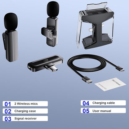 2-Pack Wireless Mini Lavalier Lapel Microphone for iPhone 15,16,Android Phone w/ Charging Case - 65ft Cordless Clip on Dual Mics with Noise Reduction 6H Working Time for Video Recording Vlogging