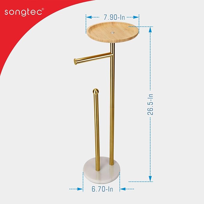 Standing Toilet Paper Holder Gold with 7.9" Big Tray, 2.2Lbs Heavier Marble Base, Freestanding Paper Holder Stand with Phone Shelf, Holds 5 Paper Rolls (Gold)