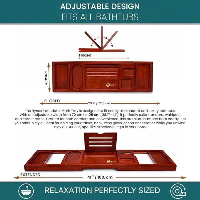 Bathtub Tray & Bath Tray for Tub – Expandable Bamboo Bath tub Tray, Bathtub Caddy, Adjustable Foldable Waterproof Bath Trays for tub with Phone, Wine Glass, Book & Tab Holder (Free Soap Dish)