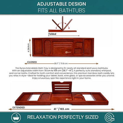 Bathtub Tray & Bath Tray for Tub – Expandable Bamboo Bath tub Tray, Bathtub Caddy, Adjustable Foldable Waterproof Bath Trays for tub with Phone, Wine Glass, Book & Tab Holder (Free Soap Dish)