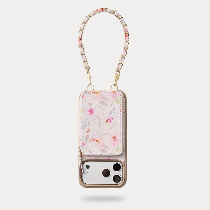 ZVE for iPhone 17 Pro Max Wallet Case Crossbody, Zipper Phone Cover with Chain Wrist Strap RFID Blocking for 6.9" Flower