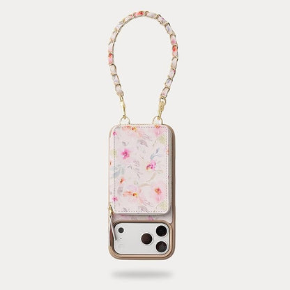 ZVE for iPhone 17 Pro Wallet Case Crossbody, Zipper Phone Cover with Chain Wrist Strap RFID Blocking for 6.3" Flower