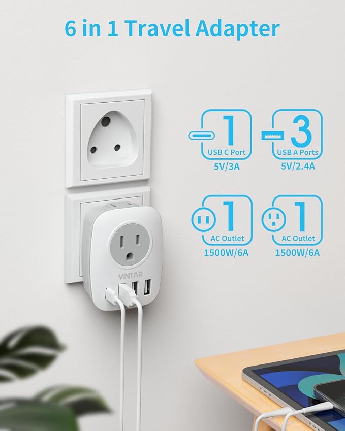 2 Pack US to India Plug Adapter, VINTAR Type D Travel Adapter with 1 USB C, 3 USB Ports and 2 American Outlets, 6 in 1 India Power Adapter for USA to India, Bangladesh, Maldives, Pakistan, Nepal