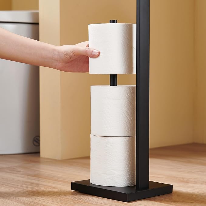 Freestanding Toilet Paper Holder Stand – Stainless Steel Bathroom Tissue Holder with Storage Tray & Roll Organizer, Square Design (Matte Black)