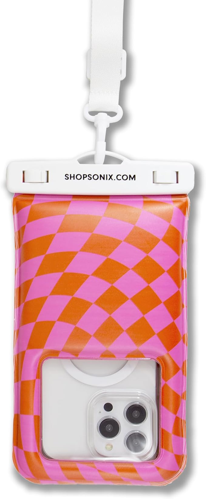 Sonix Waterproof Phone Pouch - Floating Phone Case Dry Bag w/Crossbody Lanyard - Beach Cruise Travel Essentials - Compatible w/All Devices, Touchscreen Friendly | Checkmate Pink/Orange