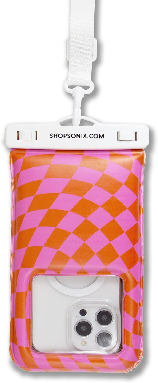 Sonix Waterproof Phone Pouch - Floating Phone Case Dry Bag w/Crossbody Lanyard - Beach Cruise Travel Essentials - Compatible w/All Devices, Touchscreen Friendly | Checkmate Pink/Orange