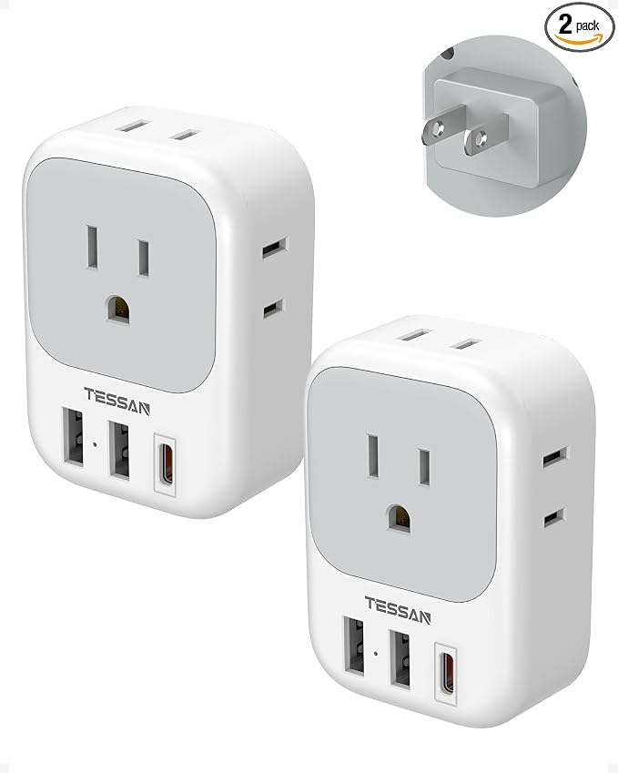 TESSAN 2 Prong to 3 Prong Outlet Adapter 2 Pack, US to Japan Plug Adapter | 4 Outlets 3 USB (1 USB C PD 20W), Outlet Adaptor US to Japan China Mexico Philippines Canada Peru Thailand Vietnam
