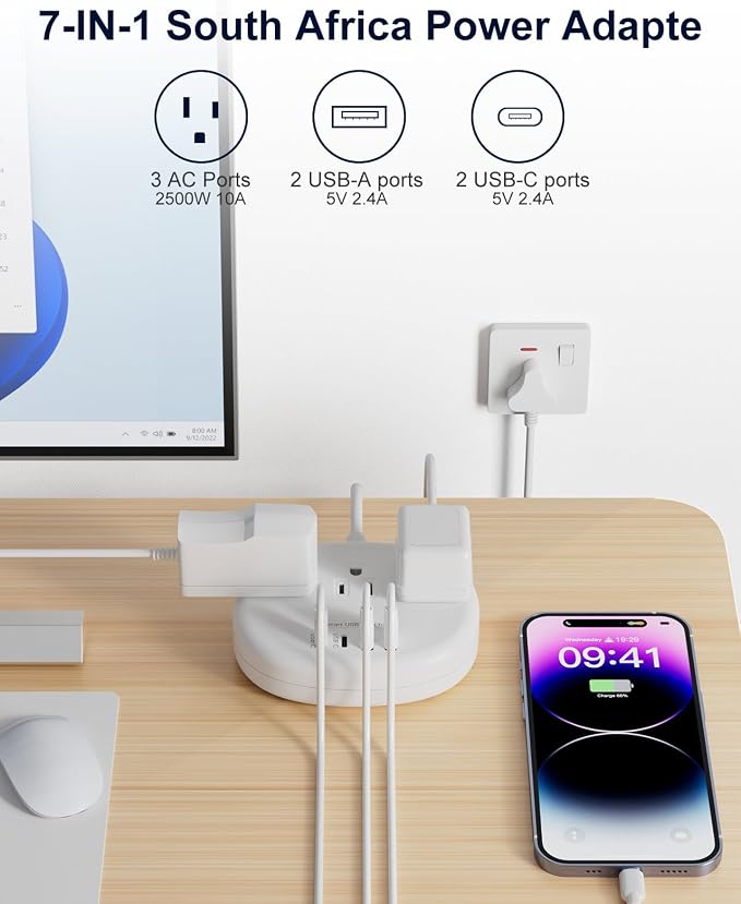 South Africa Plug Adapter, South Africa Extension Cord 3FT | Outlet Adapter for South Africa with 3 USA Outlets 4 USB, Type M Plug Adapter for Botswana Namibia Nepal Bhutan