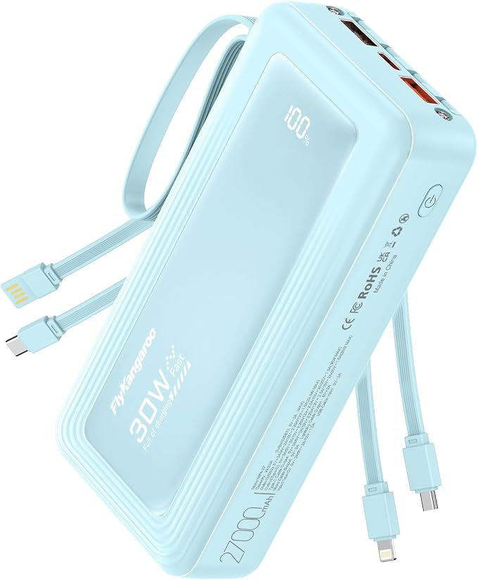Portable Charger with Built-in Cables, 27000mAh Slim 30W Fast Charging Power Bank with LED Display, USB C Battery Pack 6 Outputs & 2 Inputs, Travel Essential Charger for iPhone, Samsung, Google etc