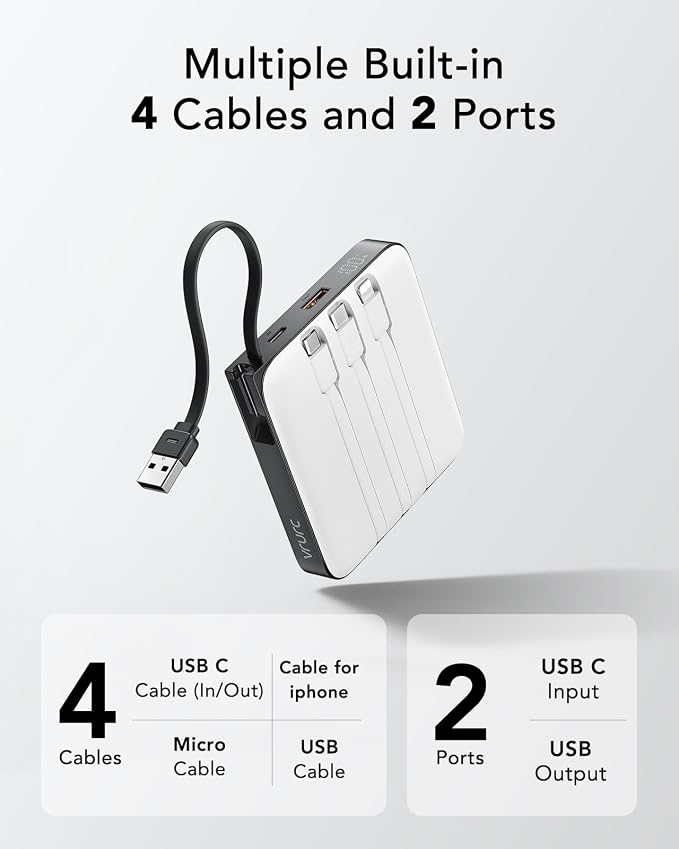 VRURC 20000mAh Portable Charger with Built-in Cables, 22.5W Fast Charging Power Bank, USB C Battery Pack Travel Essentials for iPhone 17 16 15 14 13, Samsung Galaxy S26 S25, LED Display, White