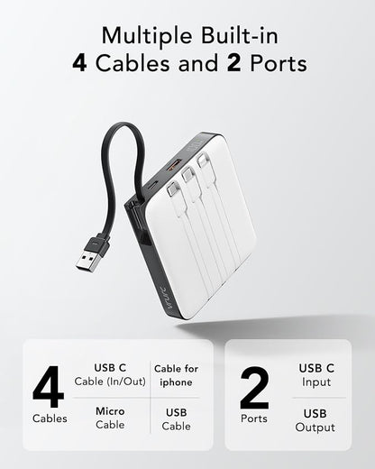 VRURC 20000mAh Portable Charger with Built-in Cables, 22.5W Fast Charging Power Bank, USB C Battery Pack Travel Essentials for iPhone 17 16 15 14 13, Samsung Galaxy S26 S25, LED Display, White