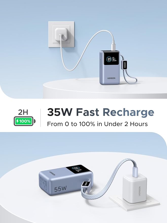 UGREEN Nexode Pro Power Bank 10,000mAh 45W, Compact Portable Charger, Built-in USB-C Cable, PD Super Fast Charging Battery Pack with Digital Display for iPhone 17/16 Pro Max Air/Galaxy S26 Ultra