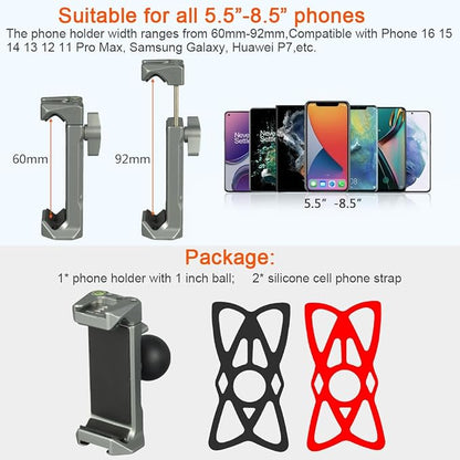 Aluminum Cell Phone Holder with 1 Inch Ball Mount Adapter Compatible with RAM mounts B Size 1" Socket Arm Bike Motorcycle Car Phone Mount, Double Protection Anti-loosening Locking knob