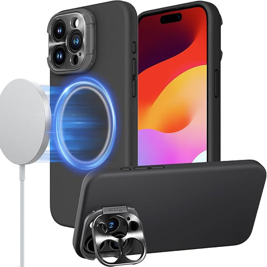 Nillkin for iPhone 15 Pro Max Case Silicone[Compatible with MagSafe][Innovation Metal Camera Invisible Stand] Military Grade Protection Shockproof Phone Case for iPhone 15 Pro Max 6.7'' Black
