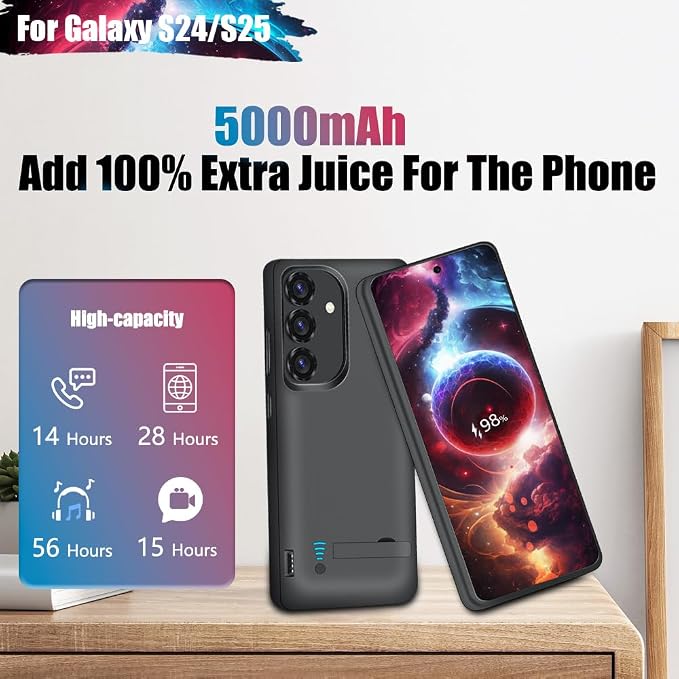 Sitong Battery Case for Samsung Galaxy S25 / S24, 5000mAh Rechargeable Extended Battery Charging Charger Case, Add 100% Extra Juice, Not Compatible with S25+ or S25 Ultra (6.2 Inches) Black
