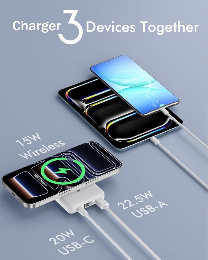podoru for Magsafe Power Bank, Foldable 10000mAh Wireless Battery Pack with USB-C Cable & LED Display 22.5W PD Fast Charging Magnetic Portable Charger for iPhone 17/16/15/14/13/12 Series-White
