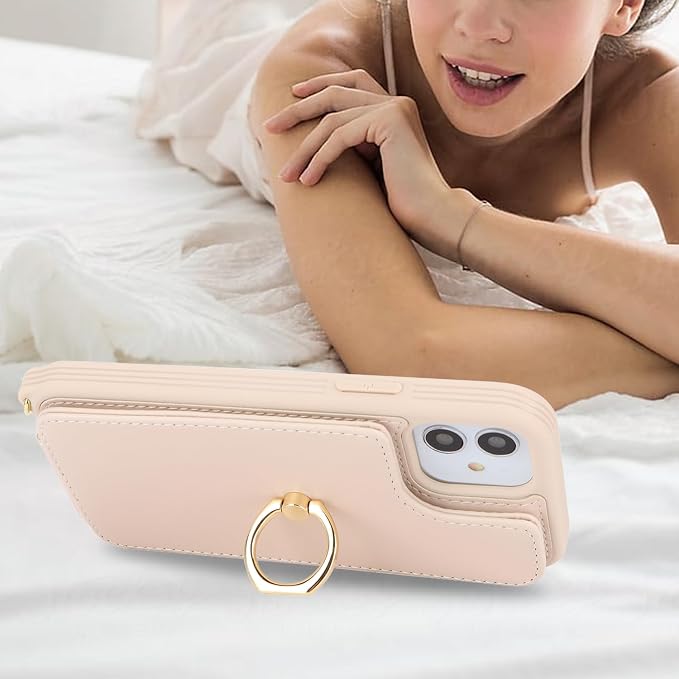 Lipvina for iPhone 12/12 Pro Case with Card Holder for Women,Crossbody Strap Lanyard,Credit Card Holder,Ring Stand,Snap Clasp,Wallet Case 6.1 inch (Beige)