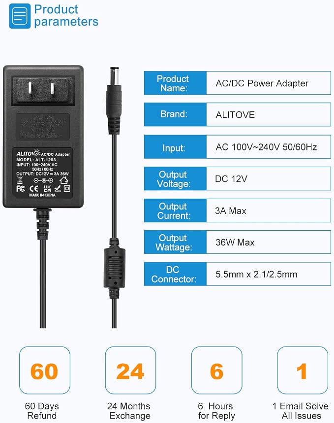 ALITOVE 12V 3A Power Supply DC 12 Volt 3A 36W AC/DC Power Adapter 100~240V AC to DC 12V Converter LED Driver Transformer 5.5mmx2.5mm for LED Strip Light CCTV Cameras System Printer,10-Pack