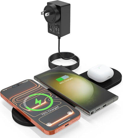 ZealSound Wireless Charging Pad,Triple Wireless Charger Pad Multiple Devices Compatible with iPhone Phone New AirPods Galaxy Buds Ultra-Slim PU Leather Wireless Charging Mat for Smartphone Phone Black