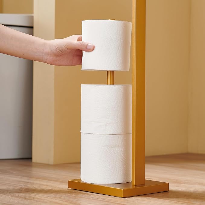 Freestanding Toilet Paper Holder Stand with Storage Tray – Gold Stainless Steel Bathroom Tissue Dispenser, Square Design